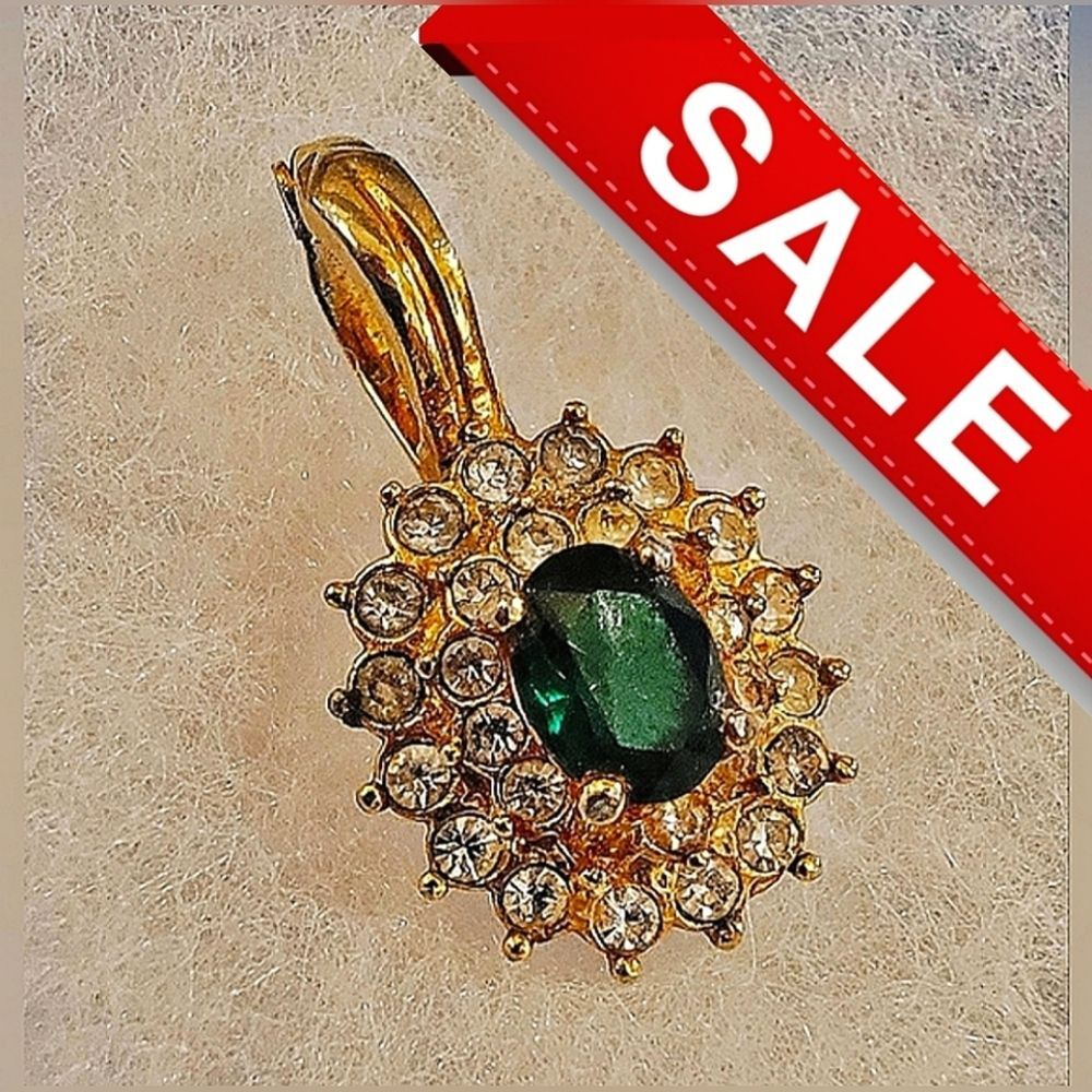 #Vintage #ROMAN Signed Emerald Green Glass & Rhinestones #Pendant #Enhancer